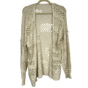 Beige Crochet Cottage Core Boho Cardigan Sweater Womens M Open Front Duster Fall